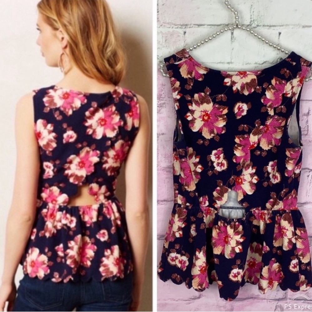 Anthropologie Retro Floral Peplum Cutout Scalloped Top - Postage Stamp Small